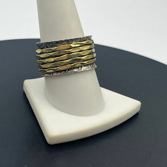 YS India Vintage Sterling Silver Hammered And Brass Spinner Two Tone Ring 9.5 - Picture 1 of 12